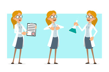 Cartoon flat funny blonde doctor woman character in white uniform and glasses. Girl holding chemical flask and showing thumbs up sign. Ready for animation. Isolated on blue background. Vector set.