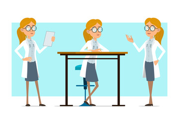 Cartoon flat funny blonde doctor woman character in white uniform and glasses. Girl reading note and posing for photo. Ready for animation. Isolated on blue background. Vector set.
