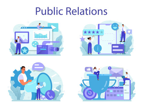 Public relations concept set. Idea of brand advertising, building relationships
