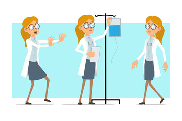 Cartoon flat funny blonde doctor woman character in white uniform and glasses. Girl walking and working with medical drop counter. Ready for animation. Isolated on blue background. Vector set.