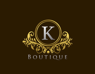 Fototapeta na wymiar Luxury Boutique Letter K Logo. Vintage Golden Badge Design Vector.