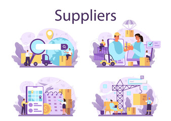 Naklejka premium Suppliers concept set. B2B idea, global logistic distribution