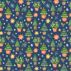 Watercolor seamless pattern with pines,stars and snowflakes