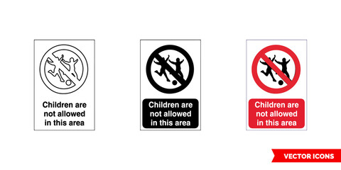 Prohibitory sign children are not allowed in this area icon of 3 types color, black and white, outline. Isolated vector sign symbol.
