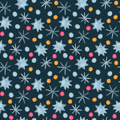 Watercolor seamless winter background with stars and snowflakes