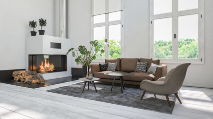 Modern white living room with fireplace