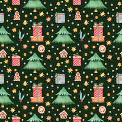 Watercolor seamless Christmas pattern with gifts, stars and pine trees
