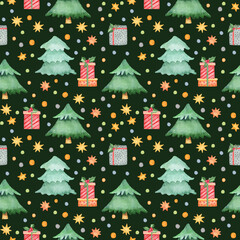 Watercolor seamless Christmas pattern with gifts, stars and pine trees