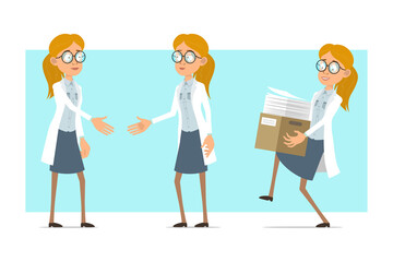 Cartoon flat funny blonde doctor woman character in white uniform and glasses. Girl shaking hands and carrying documents in paper box. Ready for animation. Isolated on blue background. Vector set.