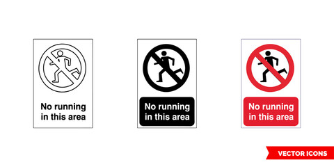 No running in pool area prohibitory sign icon of 3 types color, black and white, outline. Isolated vector sign symbol.