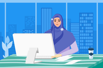 Fototapeta na wymiar Female Muslim or Arab Work in Office at Night with City Building in Background. Professional Woman in Hijab Typing in Front of Computer PC or Desktop Character Flat Design Cartoon Illustration. 