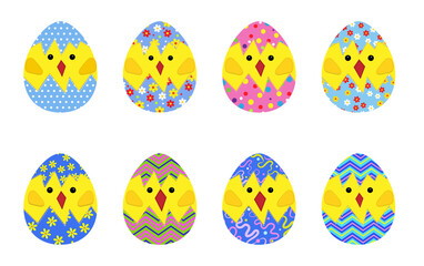 Set of decorative eggs with chickens in patchwork style