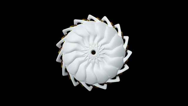3d video loop abstract art of surreal alien blossom alien flower with curve fractal swirl petals in white matte ceramic and glossy metal parts in yellow and red gradient color