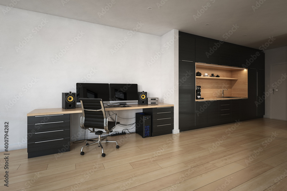 Aufkleber modern homeoffice interior with desk and computer. 3d rendering.