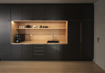 Moderne schwarze Design Küche mit Holzverkleidung. 3D Rendering 