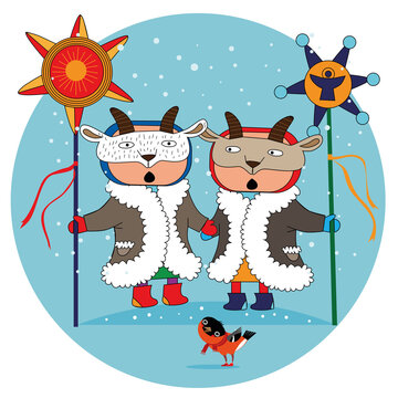Carolers sing in goat masks and with Christmas stars
