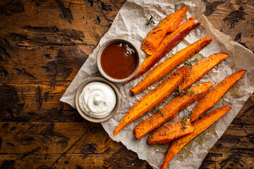 Fried sweet potato with herbs and salt served with sauces on wooden table, top view