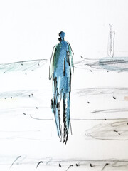 Abstrakte Zeichnung - Mensch von hinten in blauer Farbe.  In die Ferne schauend. Den Weg suchend. EInsam durch Corona. Kontaktbeschränkung