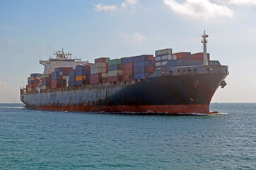 Container ship approaching port of miami,miami,Florida