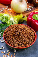 Vegetarian plant based imitation minced meat ready to eat
