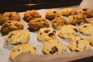Homemade oatmeal cookies with raisin on the baking sheet close-up