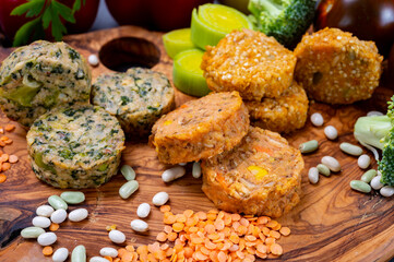 Small tasty vegan and vegetarian burgers made from fresh vegetables and dried legumes and beans