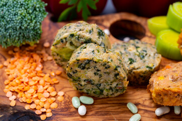 Small tasty vegan and vegetarian burgers made from fresh vegetables and dried legumes and beans