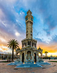 Konak Square and Clock Tower view at sunset. Konak Square is populer tourist attraction in Izmir.