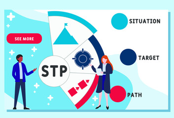 Vector website design template . STP - situation target path acronym. business concept background. illustration for website banner, marketing materials, business presentation, online advertising.