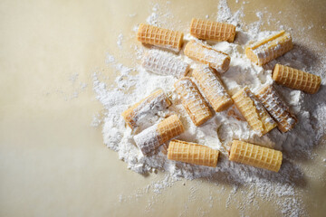 A few waffles in flour. Some sweet rolls baked for breakfast