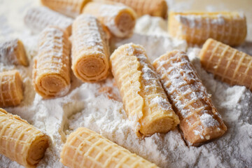 A few waffles in flour. Some sweet rolls baked for breakfast