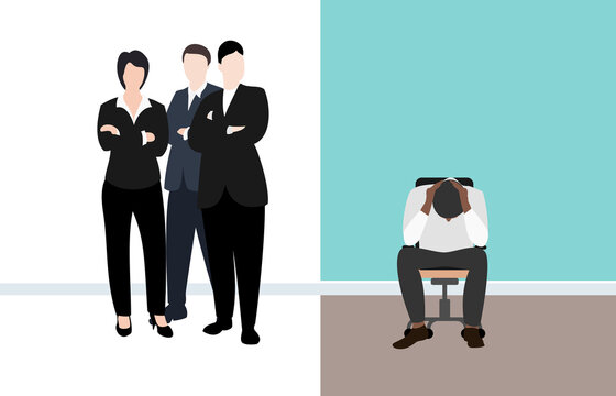 Frustrated sad guy sitting alone on chair feels lonely people avoid communication with him because of his skin color, unhappy man outcast suffer from racial discrimination concept