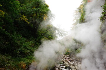 Misty autumn mountain view of Oyasukyo Gorge with Minase River in Akita prefecture, Japan - 小安峡 皆瀬川 秋田県 湯沢市 日本	