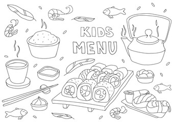 Black and white vector illustration for kids menu with  sushi, rolls, rise and tea in doodle style. Page of a children's coloring book. Blank A3 horizontal format