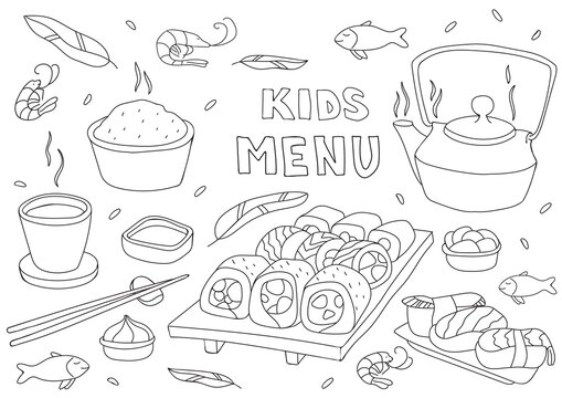 Black and white vector illustration for kids menu with  sushi, rolls, rise and tea in doodle style. Page of a children's coloring book. Blank A3 horizontal format