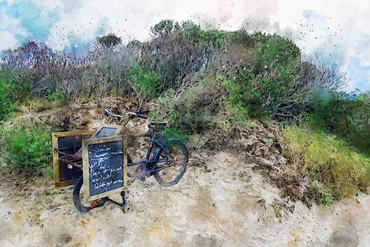 Landscape of Hiddensee Island Baltic Sea. Bike with food card on way in dunes.