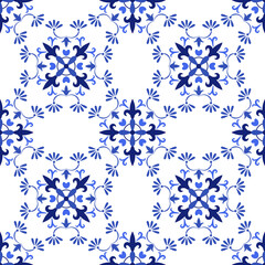 Azulejos portuguese traditional ornamental tile, blue and white seamless pattern