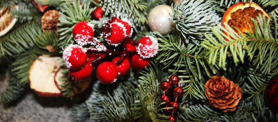Christmas decorations on the branches of fir Christmas tree