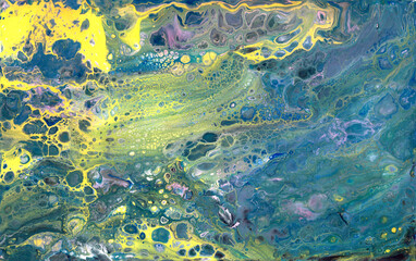 Fototapeta premium Abstract textured blue yellow bubble liquid fluid acrylic background fill.
