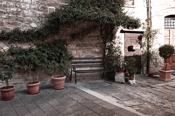 Fototapeta premium A courtyard with plant and clay pots of a stone house in a medieval italian village (Gubbio, Umbria, Italy)