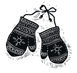 Image of knitted winter mittens. Christmas image of warm mittens. Winter mittens picture.