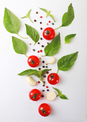 Ripe red tomatoes with basil, pepper and garlic isolated on white background. Top view.