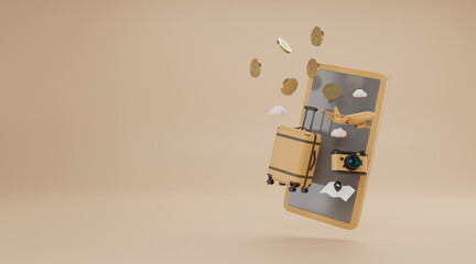 Coins on vacation with travel accessories on yellow background. Vacation budget concept. 3d rendering.