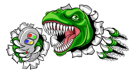 A dinosaur T Rex or raptor gamer player cartoon animal sports mascot holding a video game controller in its claw © Christos Georghiou