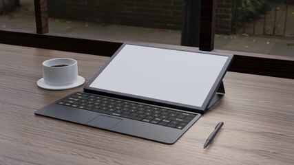 The tablet shows a blank screen. And wooden table background.3D render image.