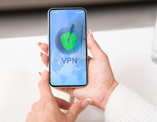VPN Virtual Private Network App Opened On Smartphone In Woman's Hands