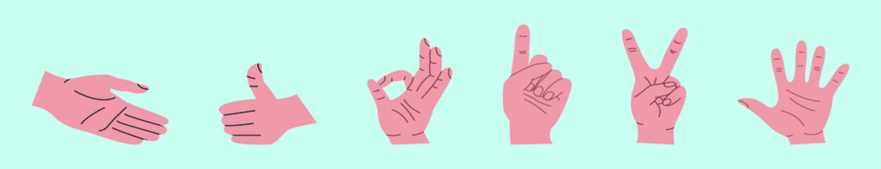 set of hand gestures cartoon icon design template with various models. vector illustration isolated on blue background