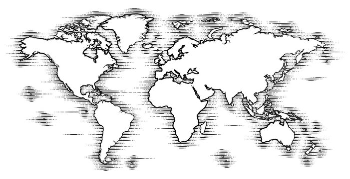 A world map in a vintage woodcut engraved style