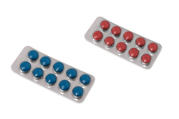 Two packages with round blue and red pills, tablets, lozenges. Isolated on white.