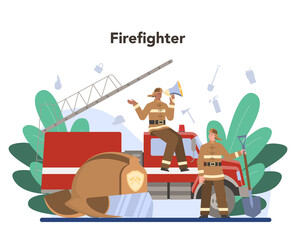 Fireman concept. Professional fire brigade firhting with flame